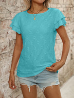 Eyelet Round Neck Double Layered Ruffled Short Sleeve Top (2)