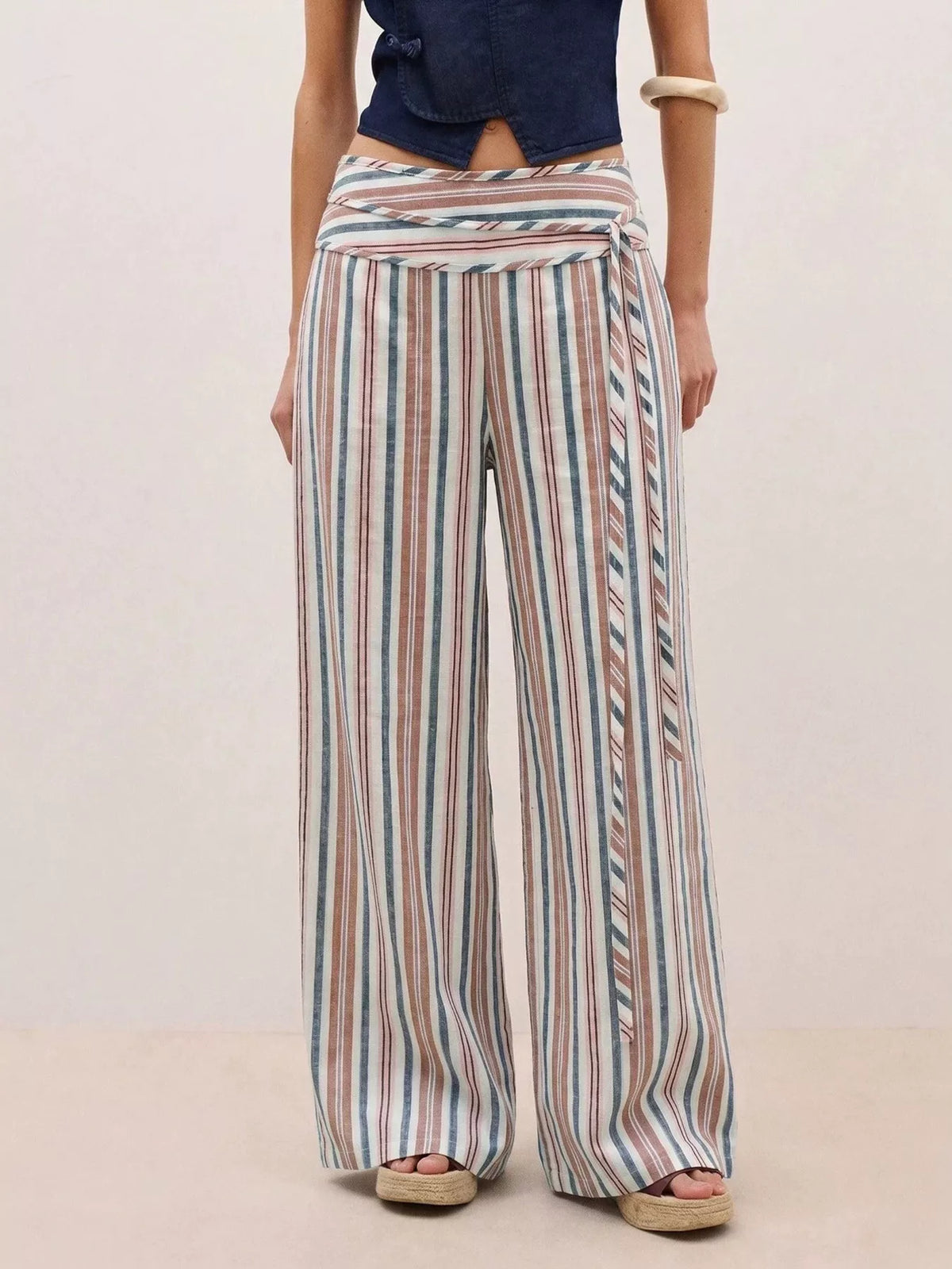 Striped Wide-leg Pants Tie Waist (5)