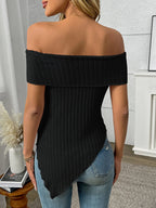 Ribbed Off-shoulder Asymmetrical Hem T-shirt (10)