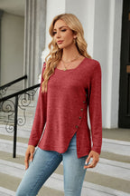 Square Neck Long Sleeve Slit T-shirt (14)