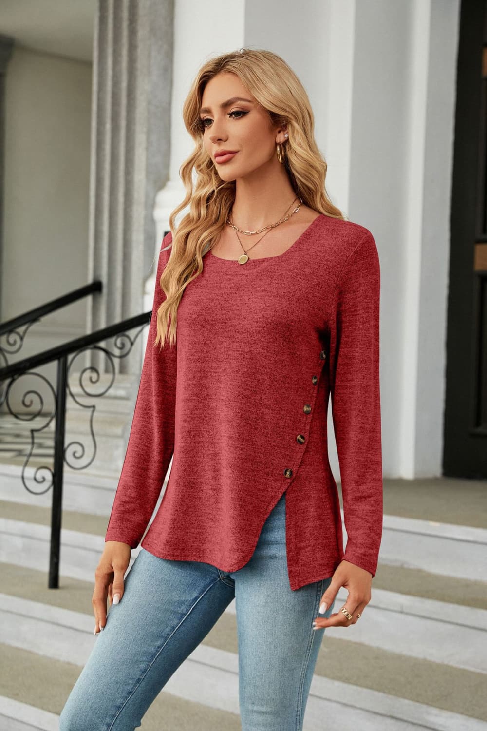 Square Neck Long Sleeve Slit T-shirt (14)