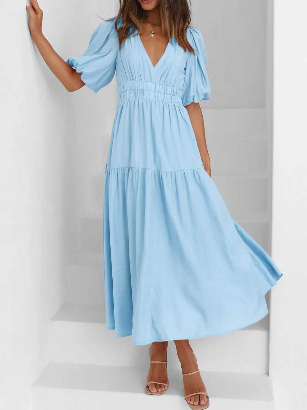 V-neck Puff Sleeve Midi Dress