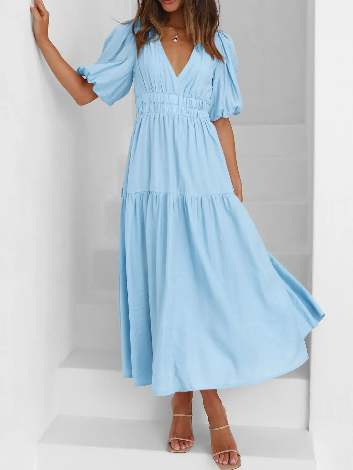 V-neck Puff Sleeve Midi Dress