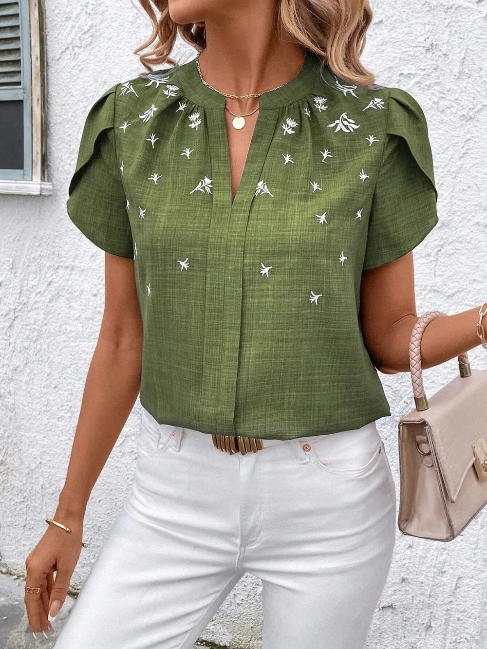 Floral Notched Short Sleeve Blouse (7)