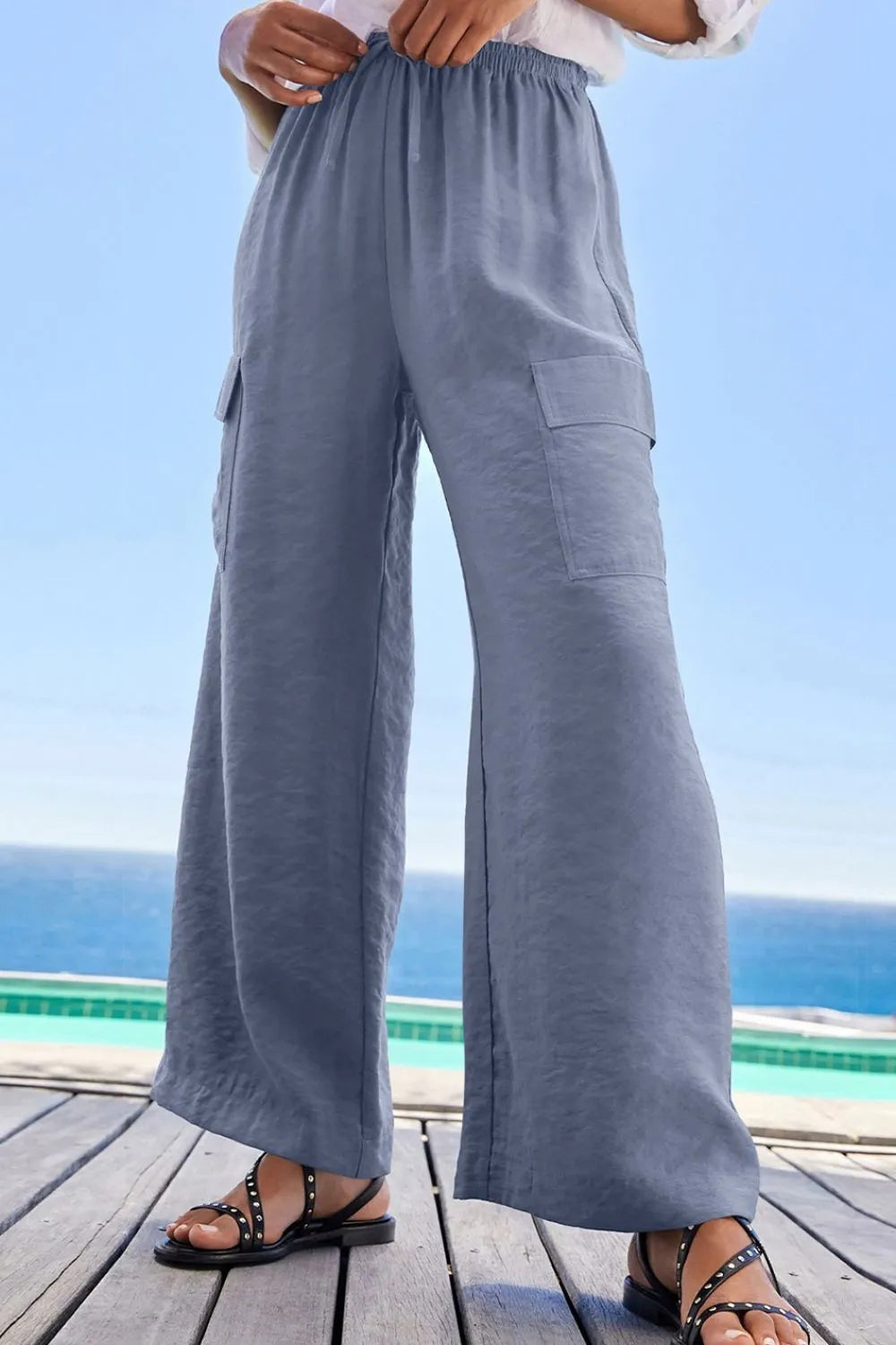 Drawstring Frilled Waist Wide Leg Utility Trousers (17)