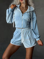 Zip Up Hooded Outerwear Shorts Set
