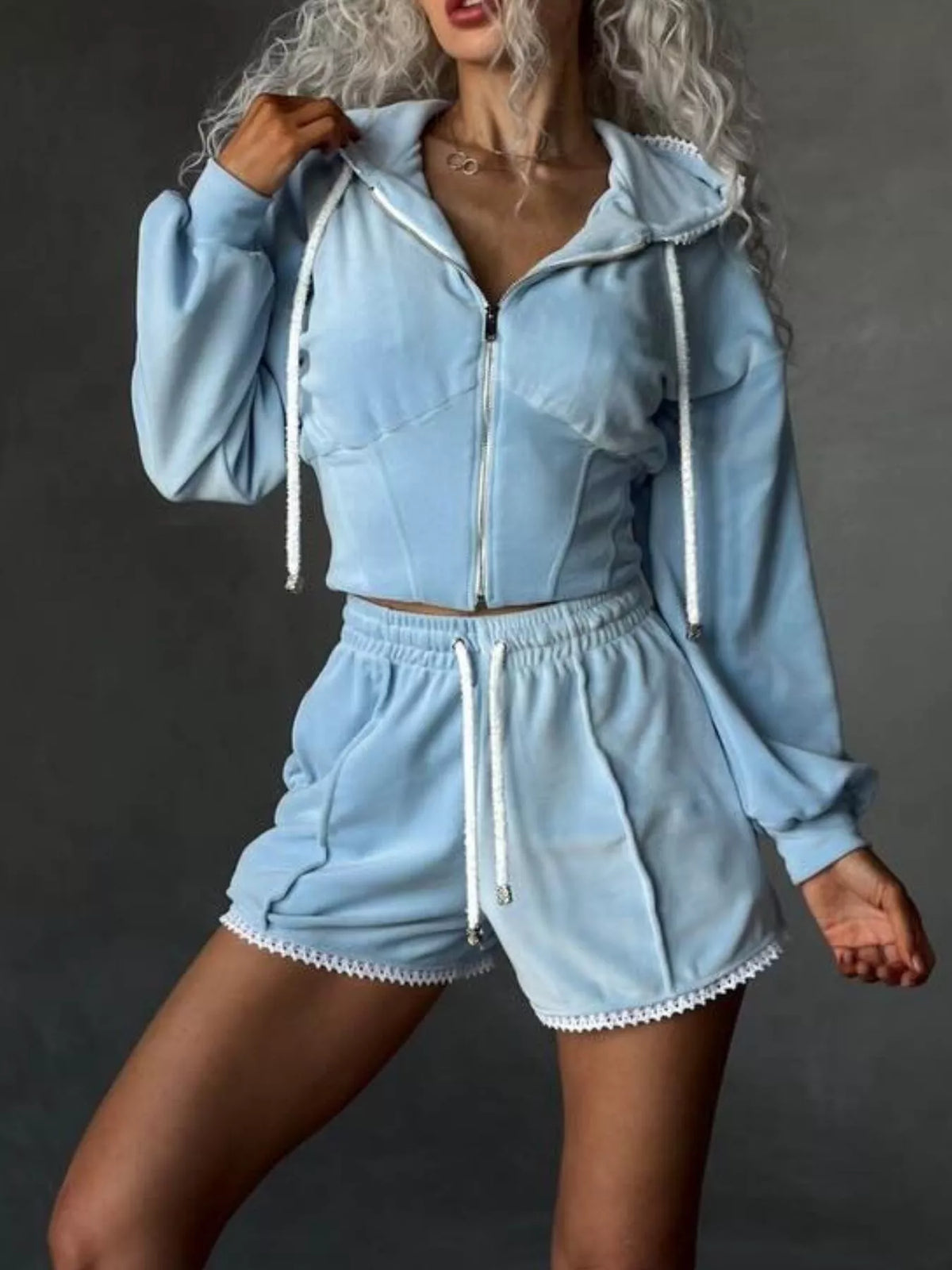 Zip Up Hooded Outerwear Shorts Set