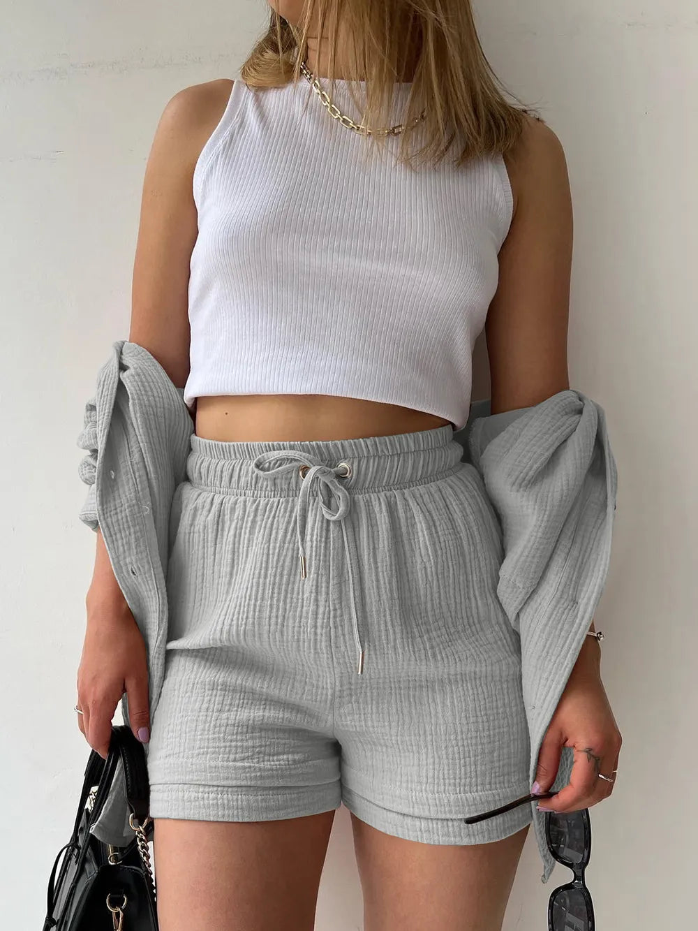 Texture Button Up Shirt Drawstring Shorts Set (22)