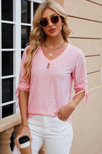 Eyelet Drawstring V-neck Half Sleeve T-shirt (4)