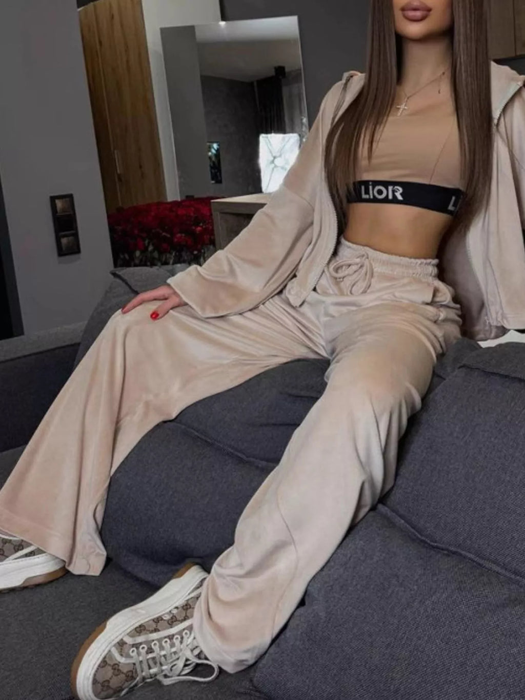 Zip Up Cropped Outerwear Pants Set (17)
