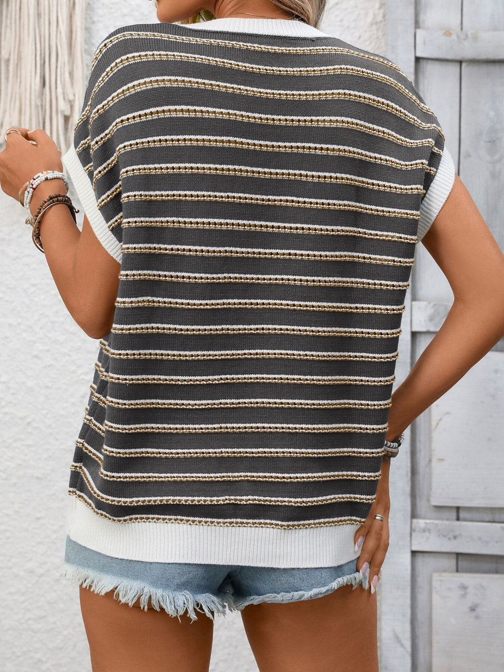 Striped Round Neck Short Sleeve Sweater (14)