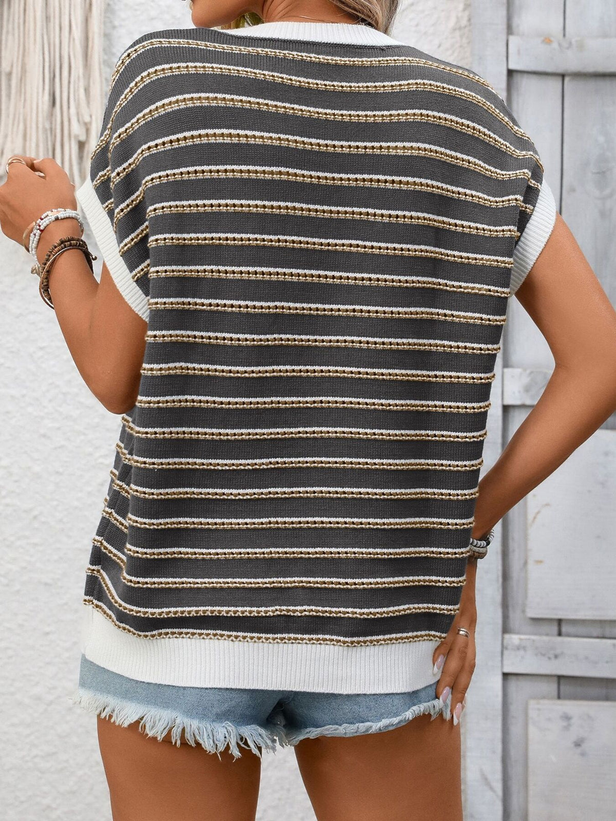 Striped Round Neck Short Sleeve Sweater (14)