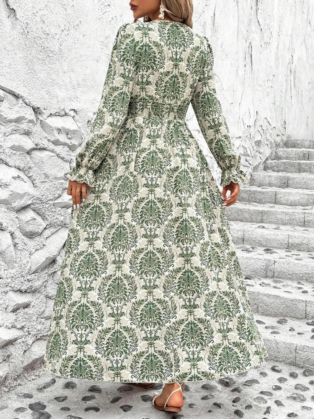 Smocked Printed V-neck Flounce Sleeve Dress (7)