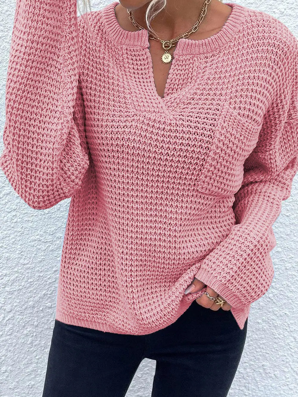 Notched Long Sleeve Sweater (3)