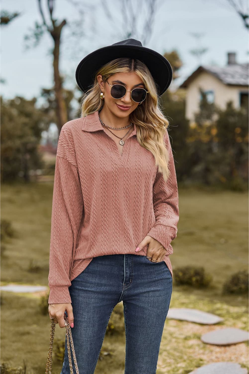 Collared Neck Cable-knit Long Sleeve Blouse (8)