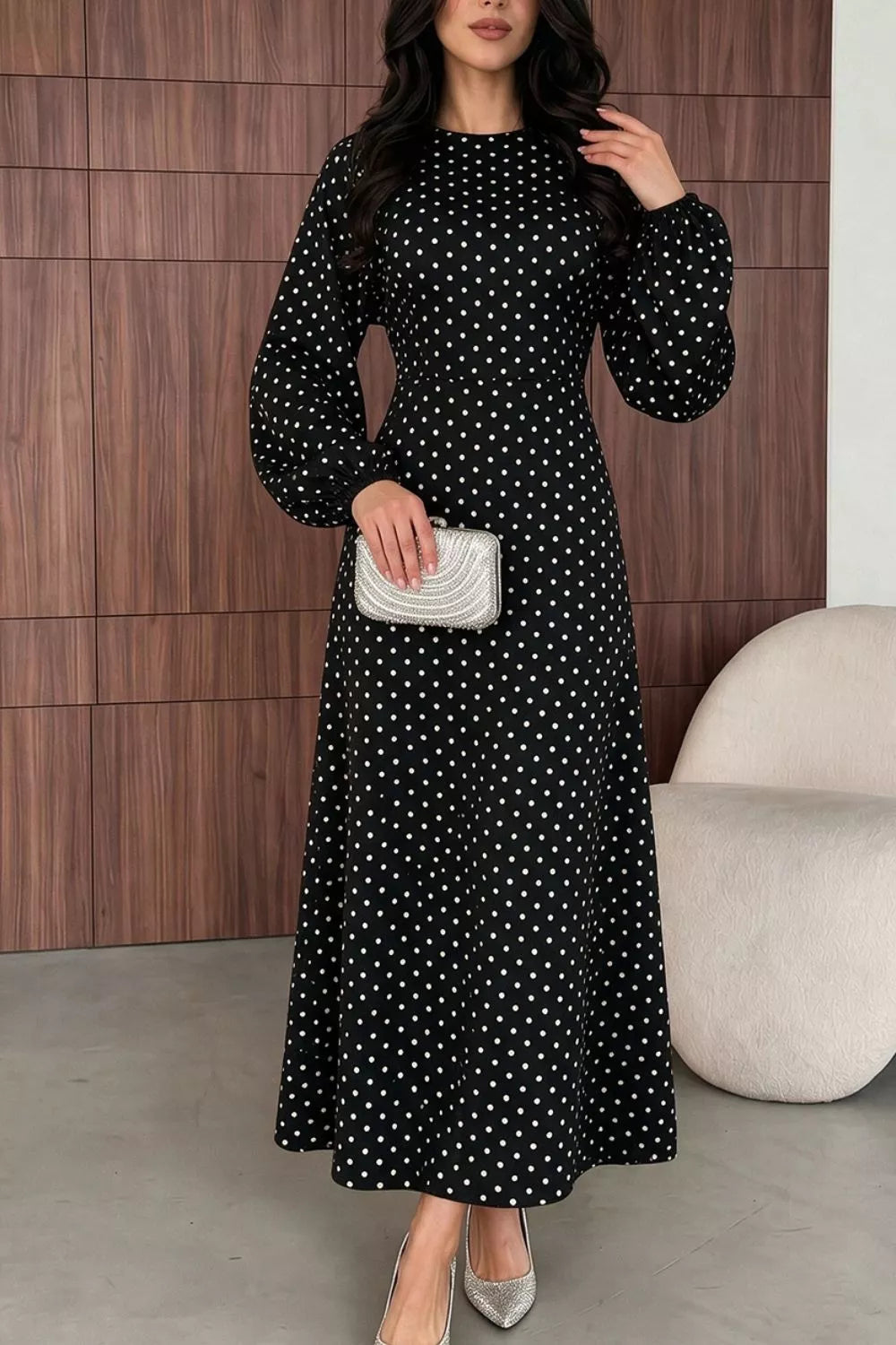 Polka Dot Long Sleeve Maxi Dress (7)