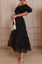 Off Shoulder Short Puff Sleeve Midi Dress (22)
