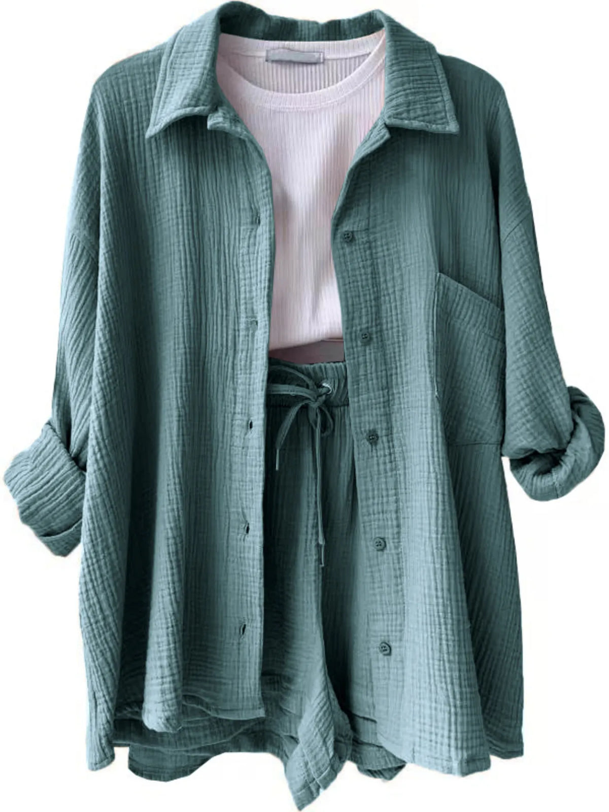 Button Up Shirt Shorts Set (27)