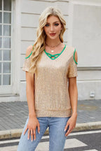 Sequin Crisscross V-neck Cold Shoulder Blouse (12)