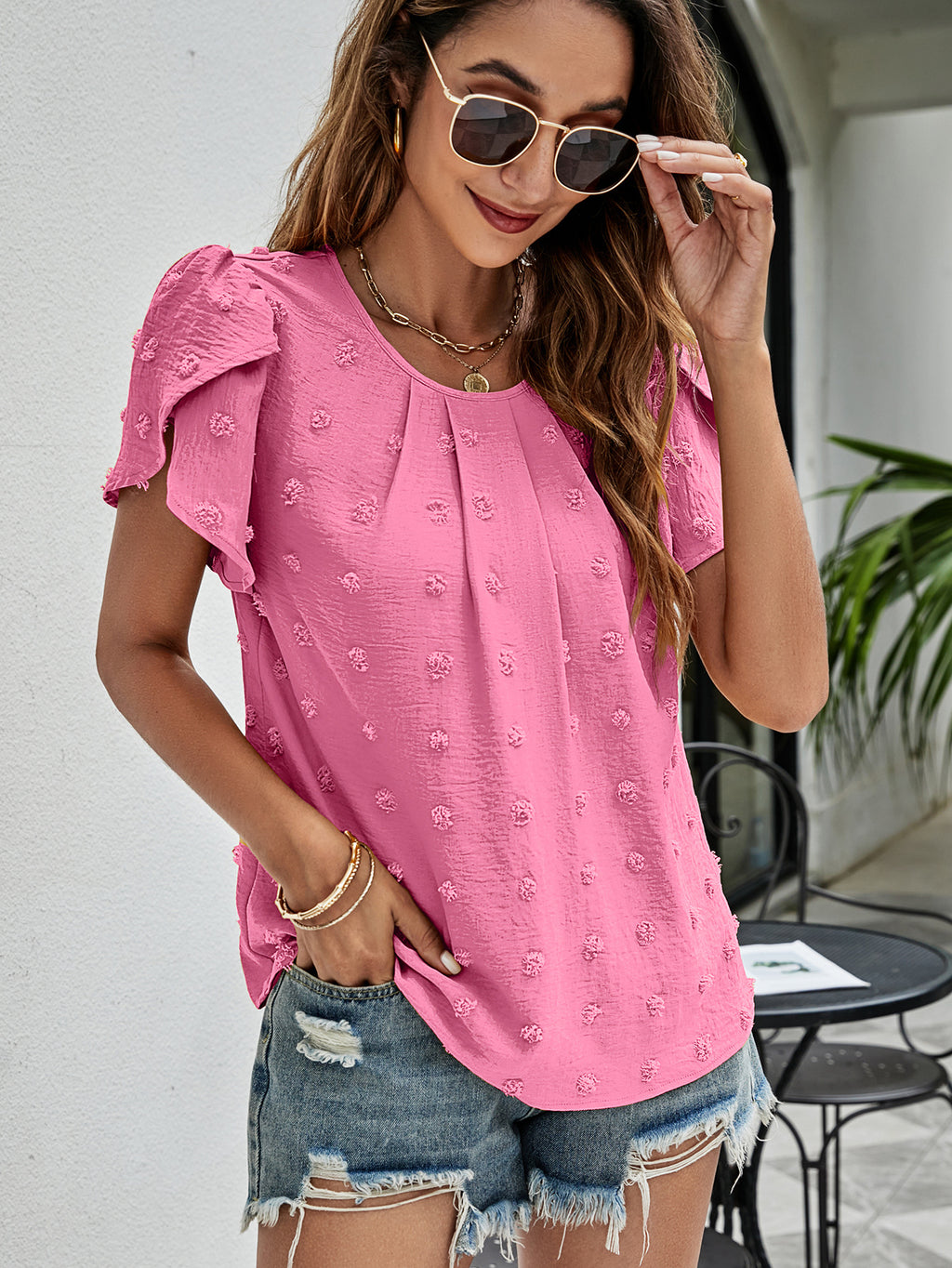 Swiss Dot Round Neck Petal Sleeve Top (3)
