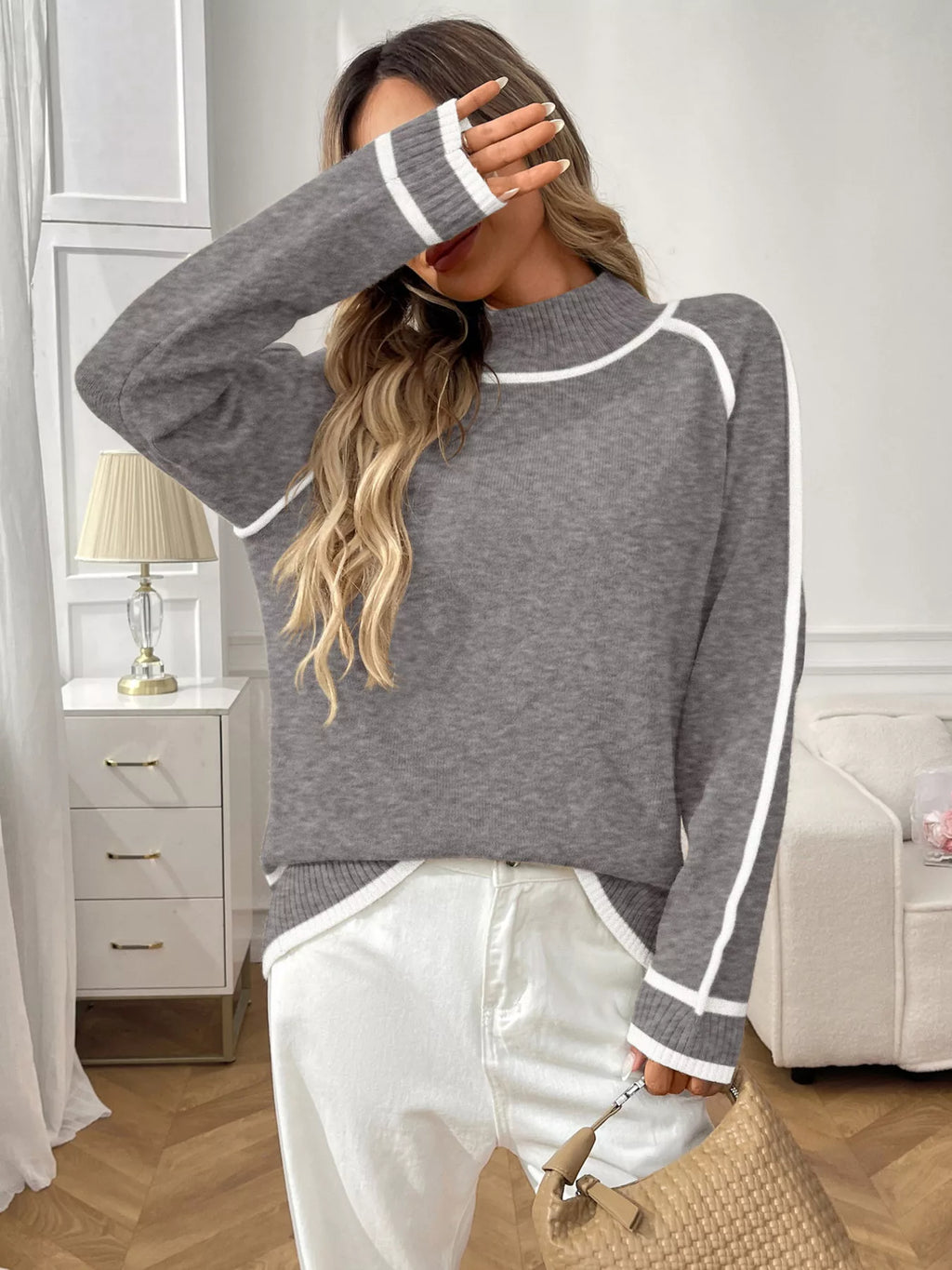 Contrast Trim Turtleneck Long Sleeve Sweater (14)