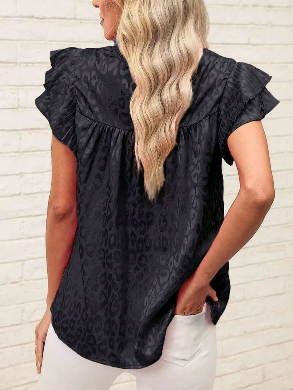 Leopard Frill Mock Neck Ruffled Cap Sleeve Top (8)