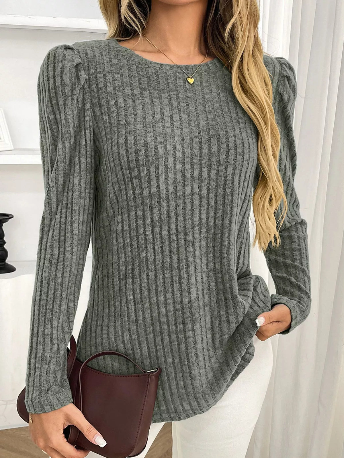 Round Neck Puff Sleeve T-shirt (33)