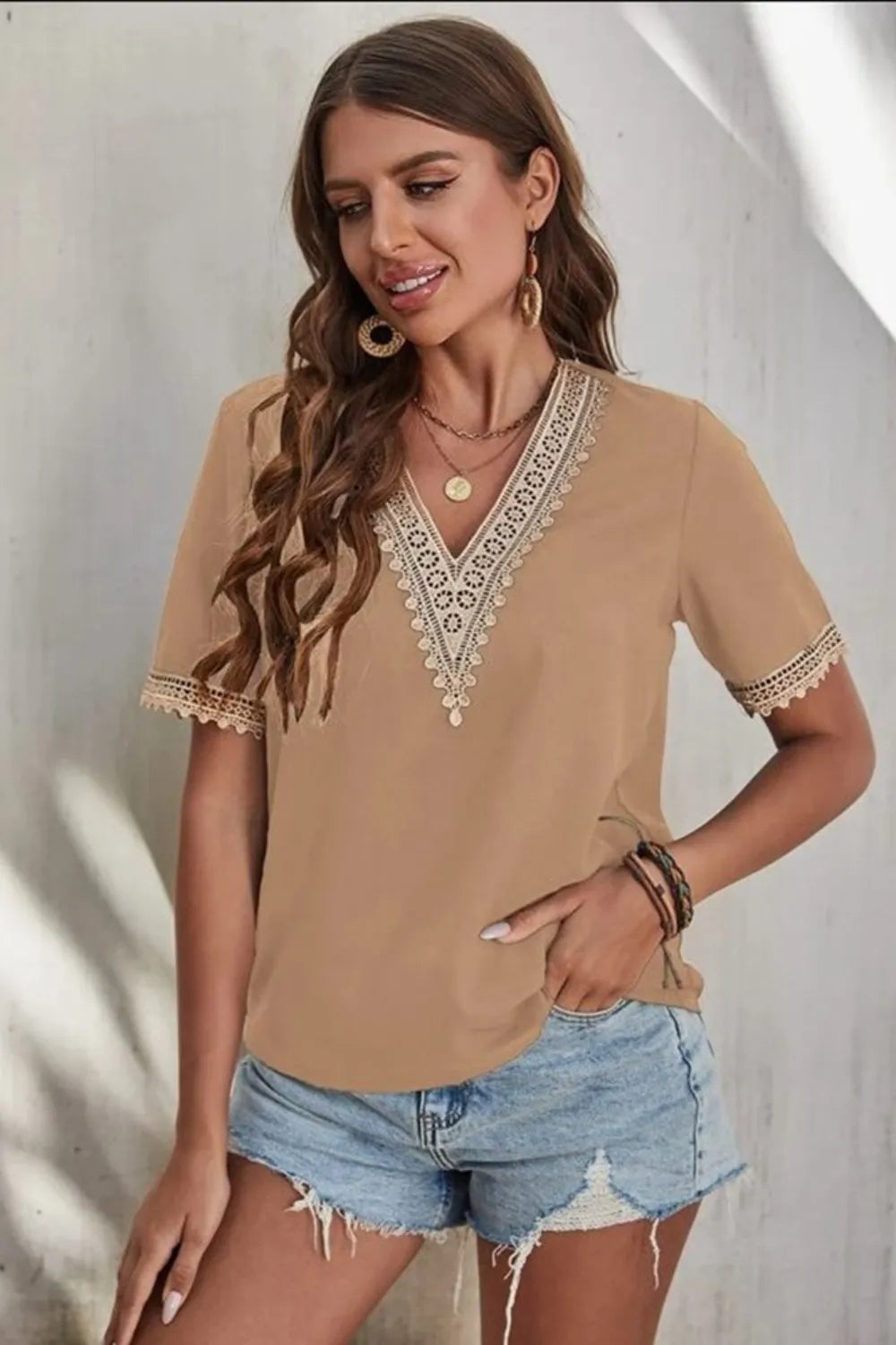 Full Size Lace Detail V-neck Short Sleeve Blouse Plus (15)
