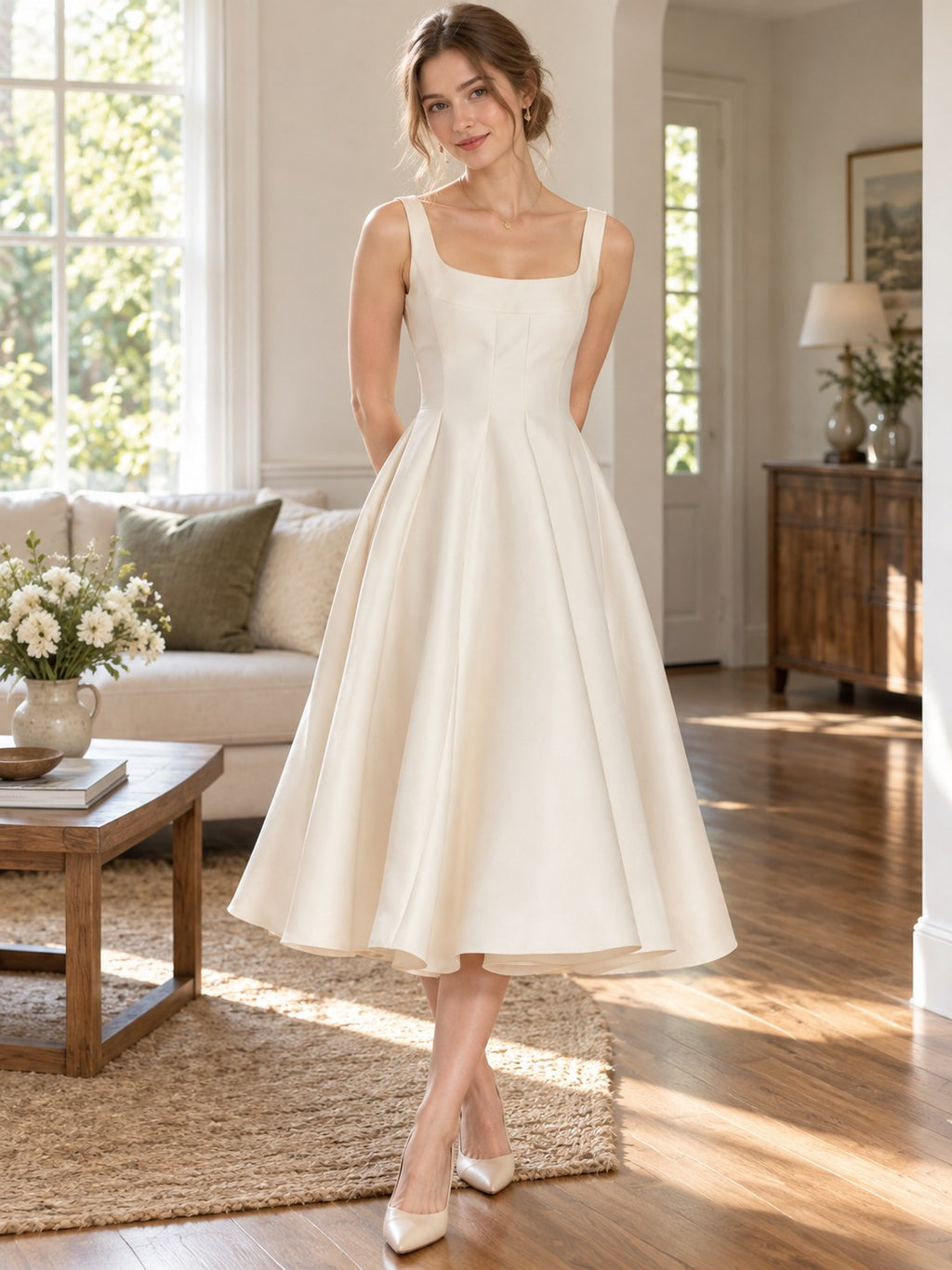 A-line Silhouette Midi Sleeveless Dress styled on a model