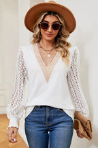 Openwork V-neck Long Sleeve T-shirt (3)