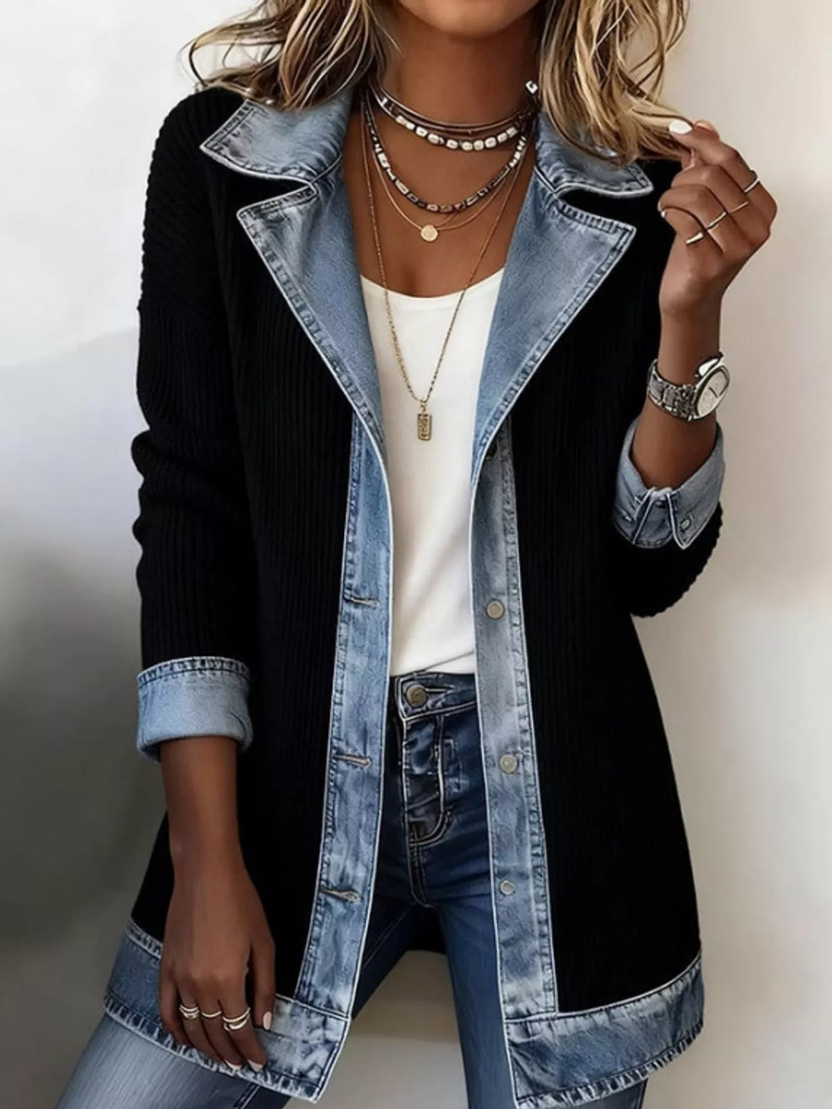 Full Size Denim Trim Ribbed Knit Cardigan Plus