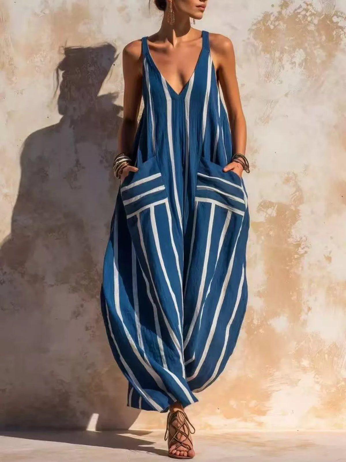 Striped V-neck Sleeveless Wide-leg Jumpsuit (4)