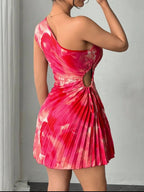 Cutout Drawstring Pleated Tie-dye Sleeveless Mini Dress (2)