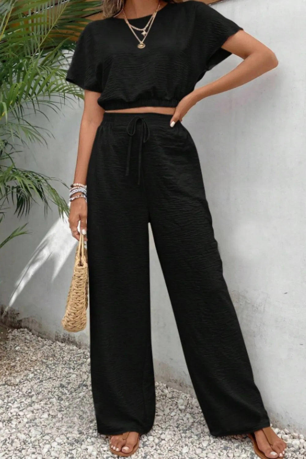 Round Neck Short Sleeve Top Pants Set (6)