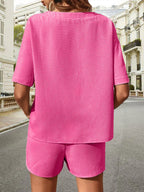 Waffle-knit Half Sleeve Top Shorts Set (35)