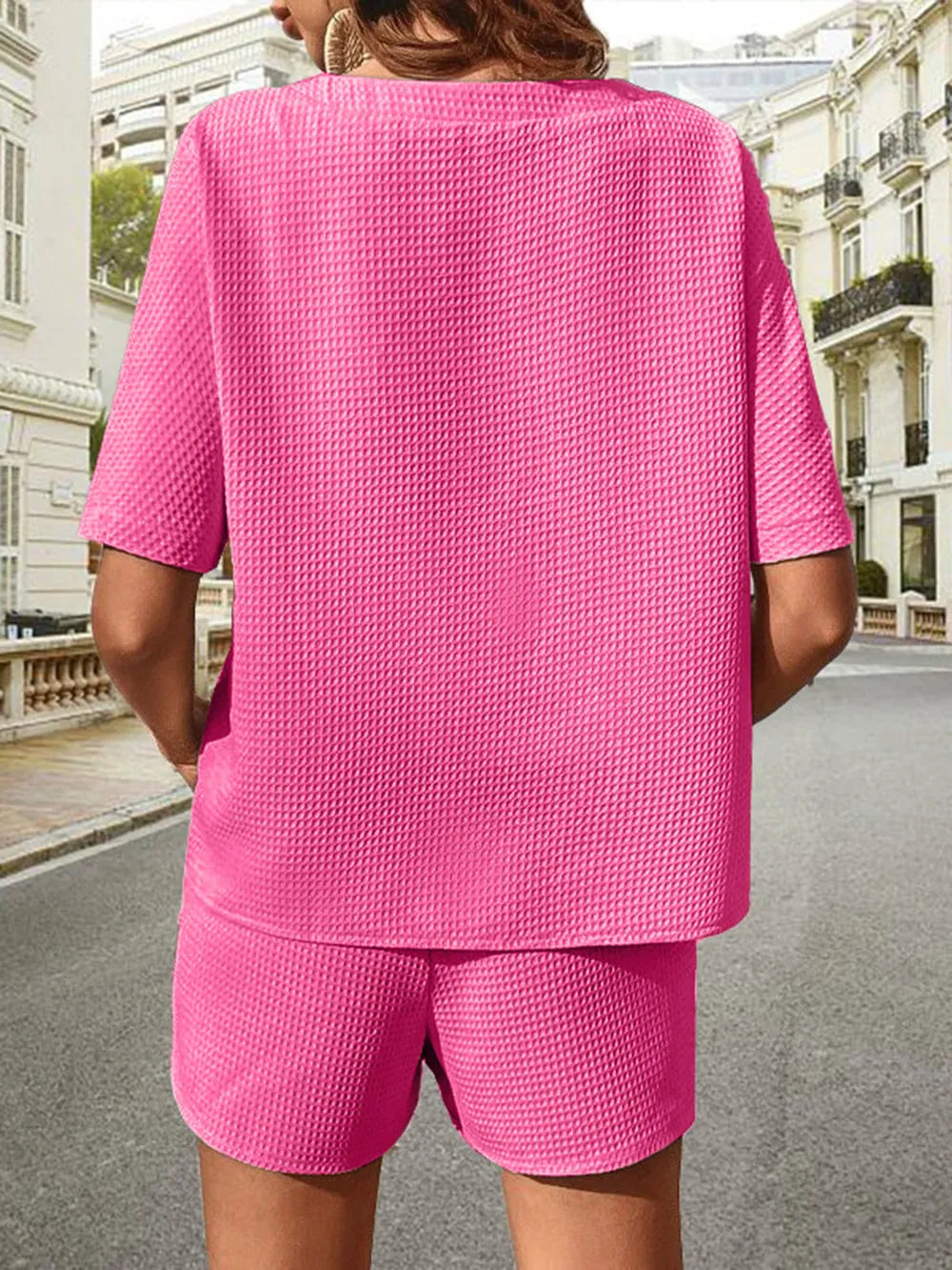 Waffle-knit Half Sleeve Top Shorts Set (35)