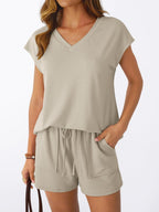 Casual V-neck T-shirt Shorts Set (3)