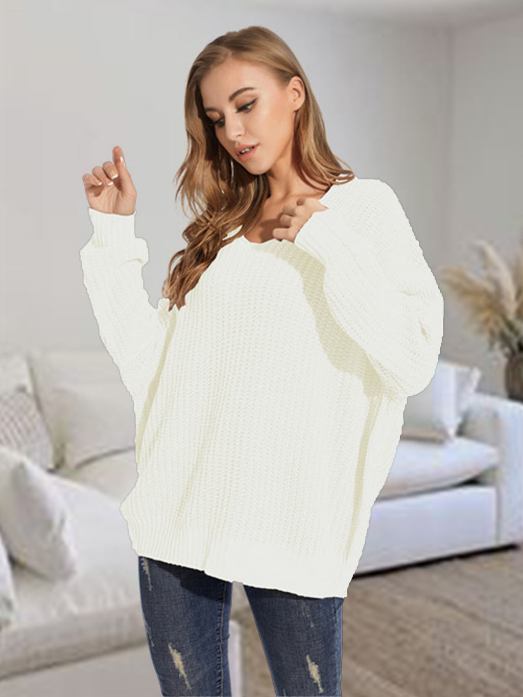 V-neck Batwing Dropped Shoulder Sweater (8)