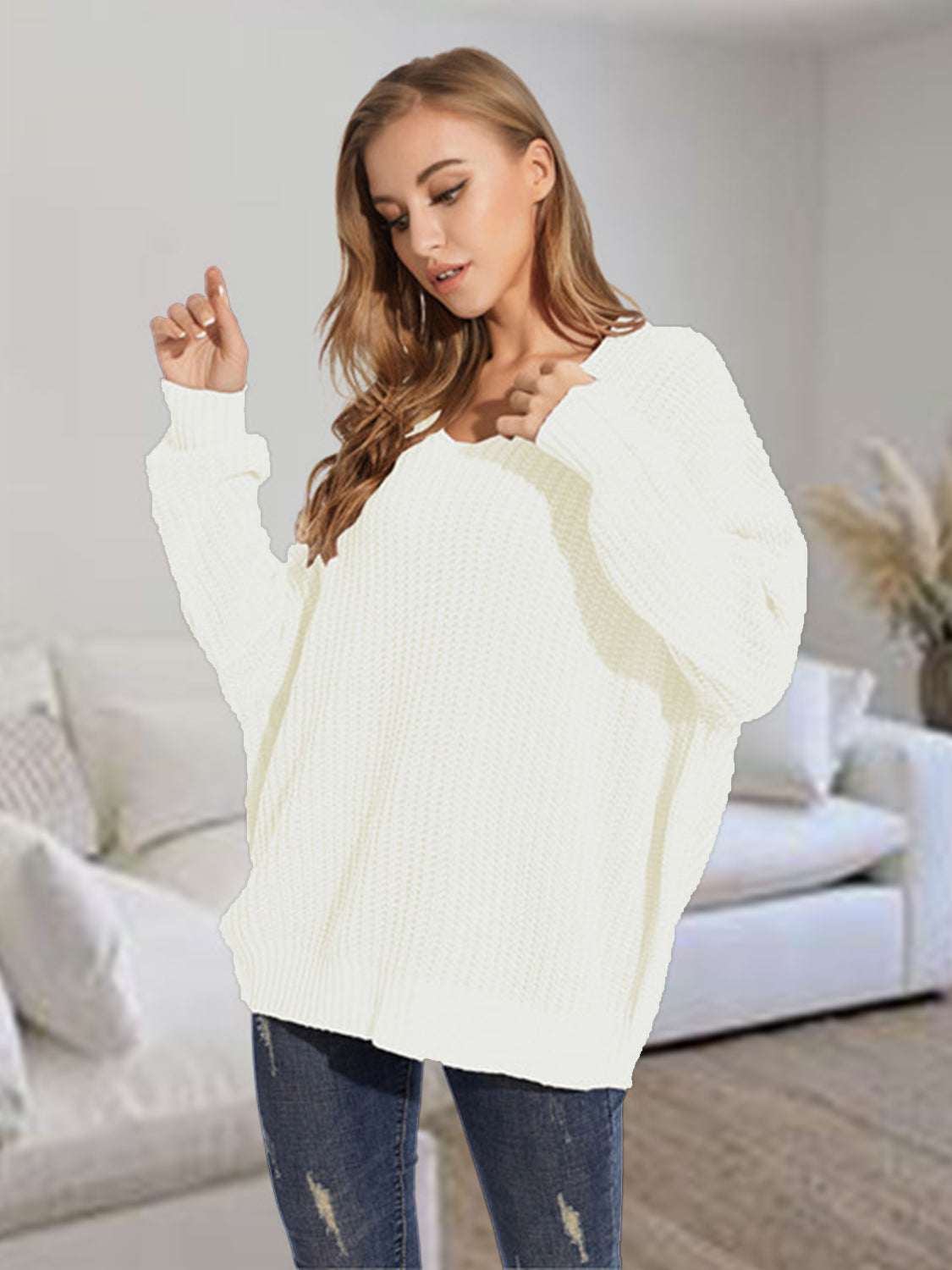 V-neck Batwing Dropped Shoulder Sweater (8)