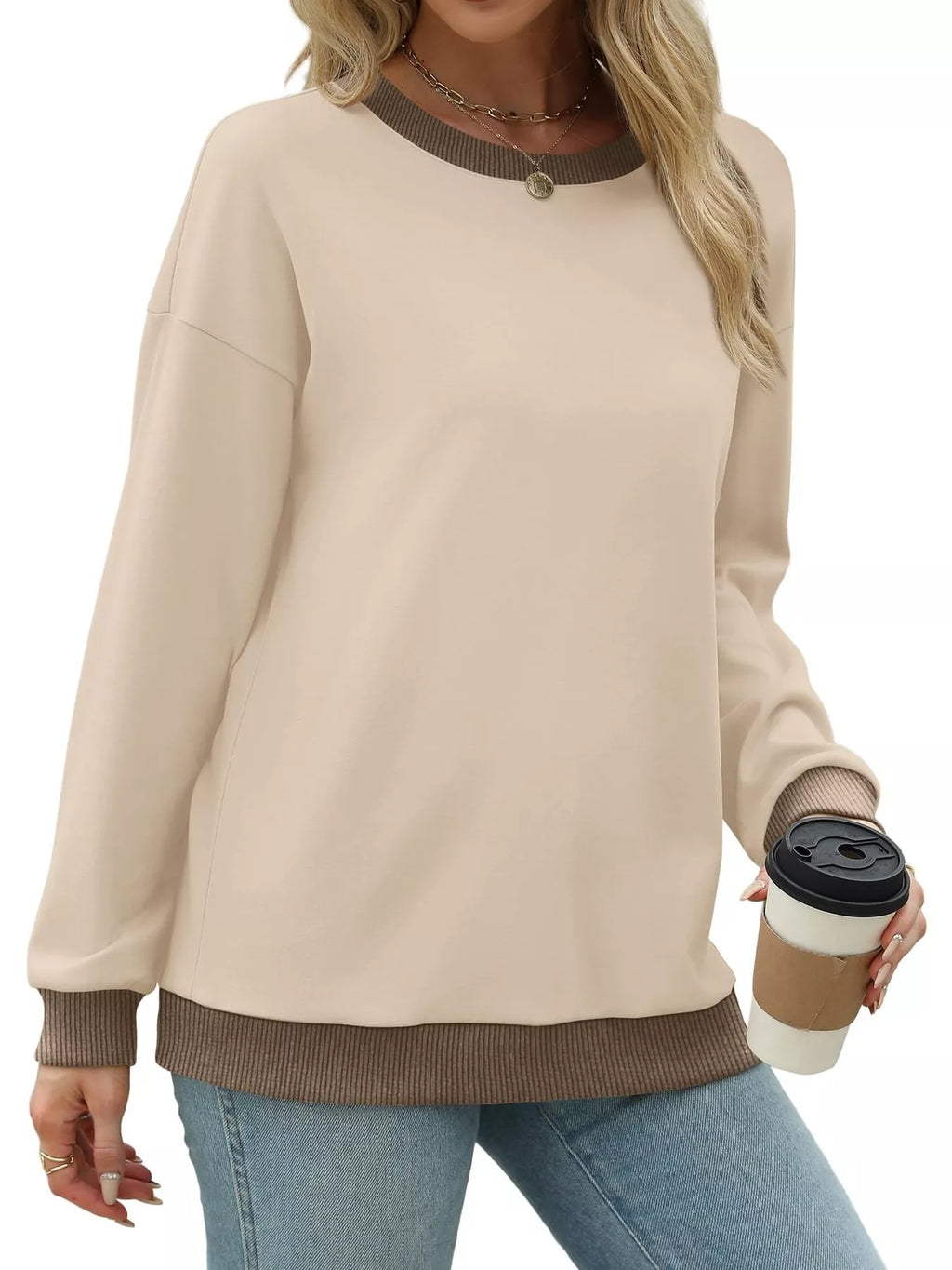 Contrast Trim Crew Neck Casual Sweatshirt (23)