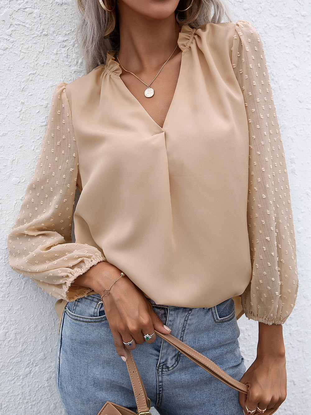 Swiss Dot Frill Trim Puff Sleeve Blouse (13)