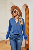 Buttoned Notched Neck Long Sleeve Top (3)