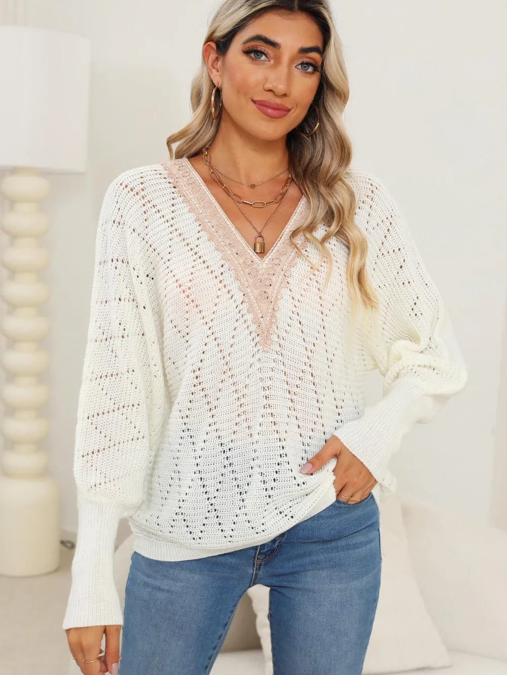 Lace Detail V-neck Long Sleeve Sweater (13)