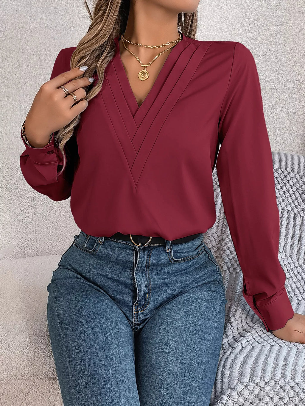 Layered V-neck Long Sleeve Blouse (26)