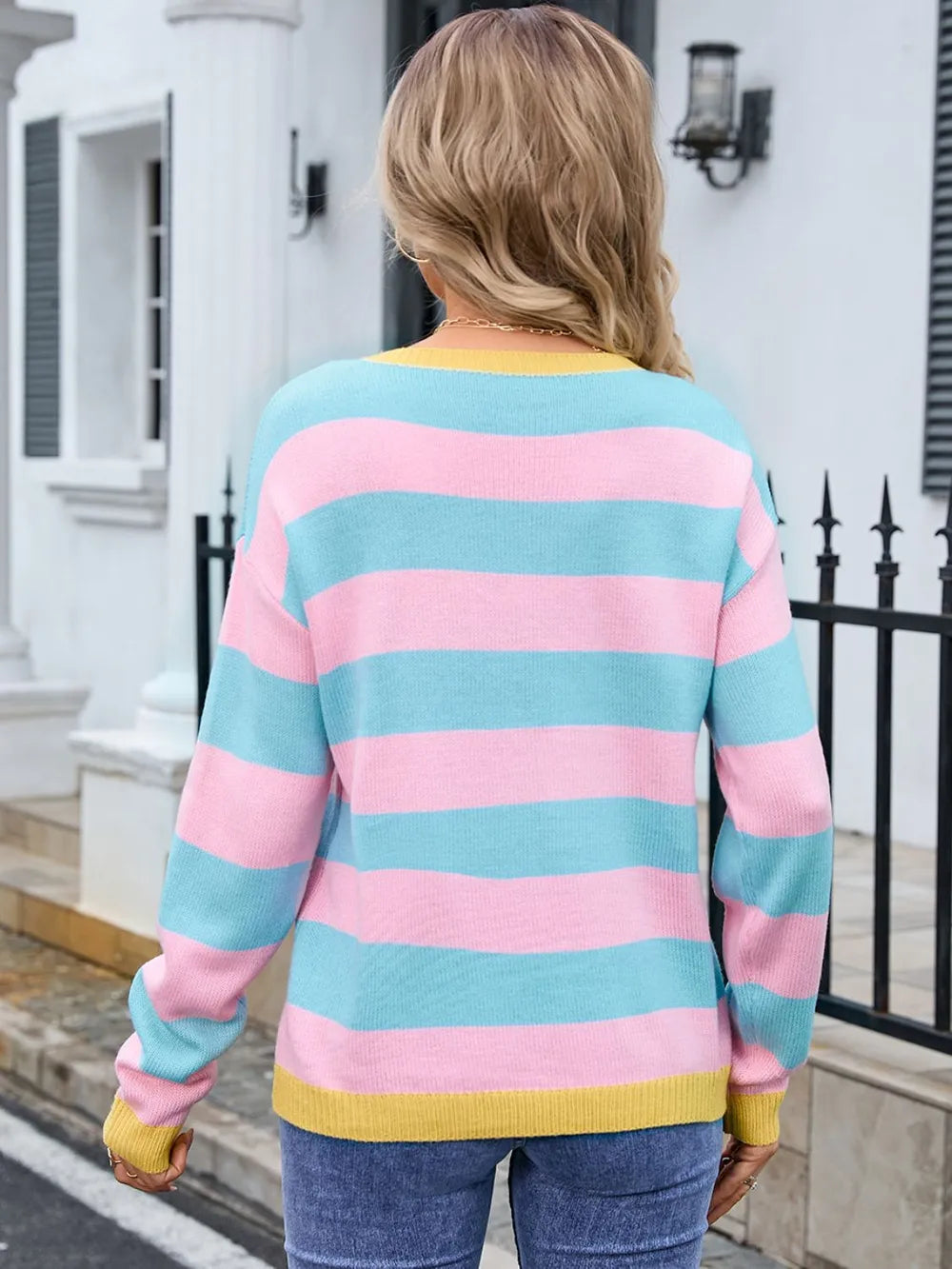 Striped Round Neck Dropped Shoulder Sweater (5)
