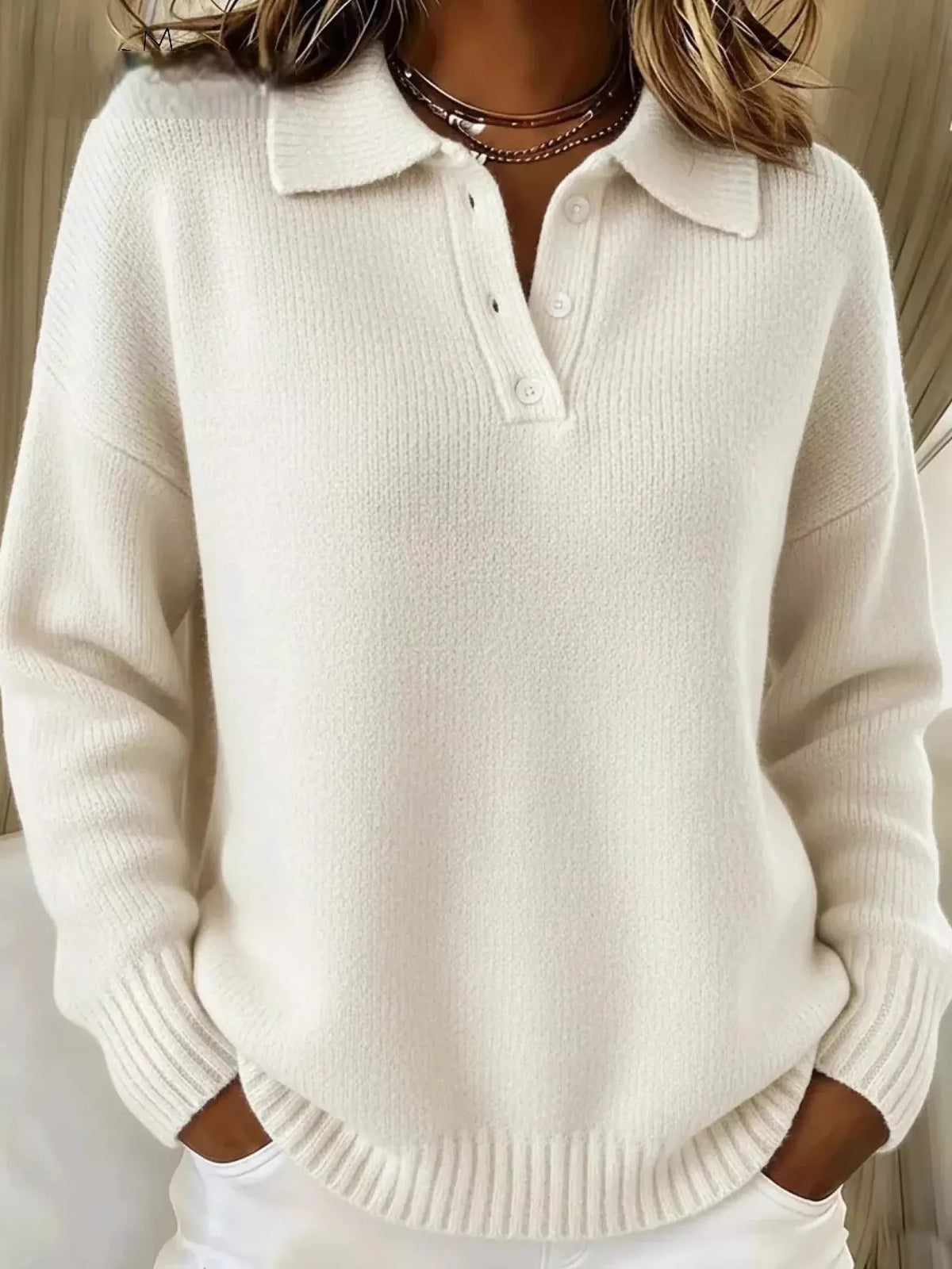 Full Size Half Button Collar Drop Shoulder Sweater Plus