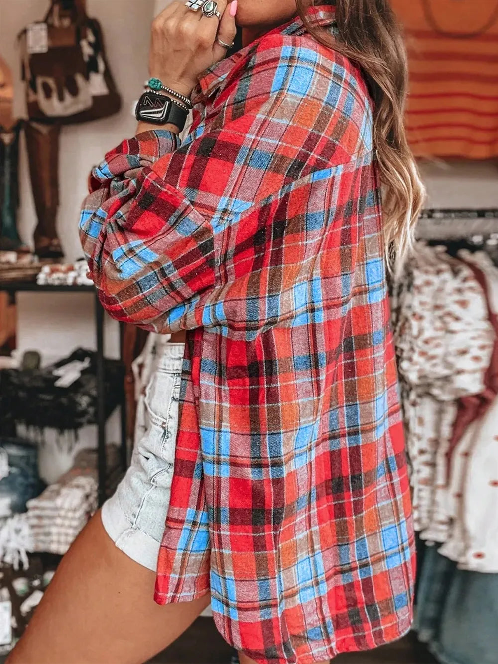 Plaid Collared Neck Long Sleeve Shirt (5)