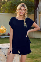 Round Neck Short Sleeve T-shirt Drawstring Shorts Lounge Set (8)