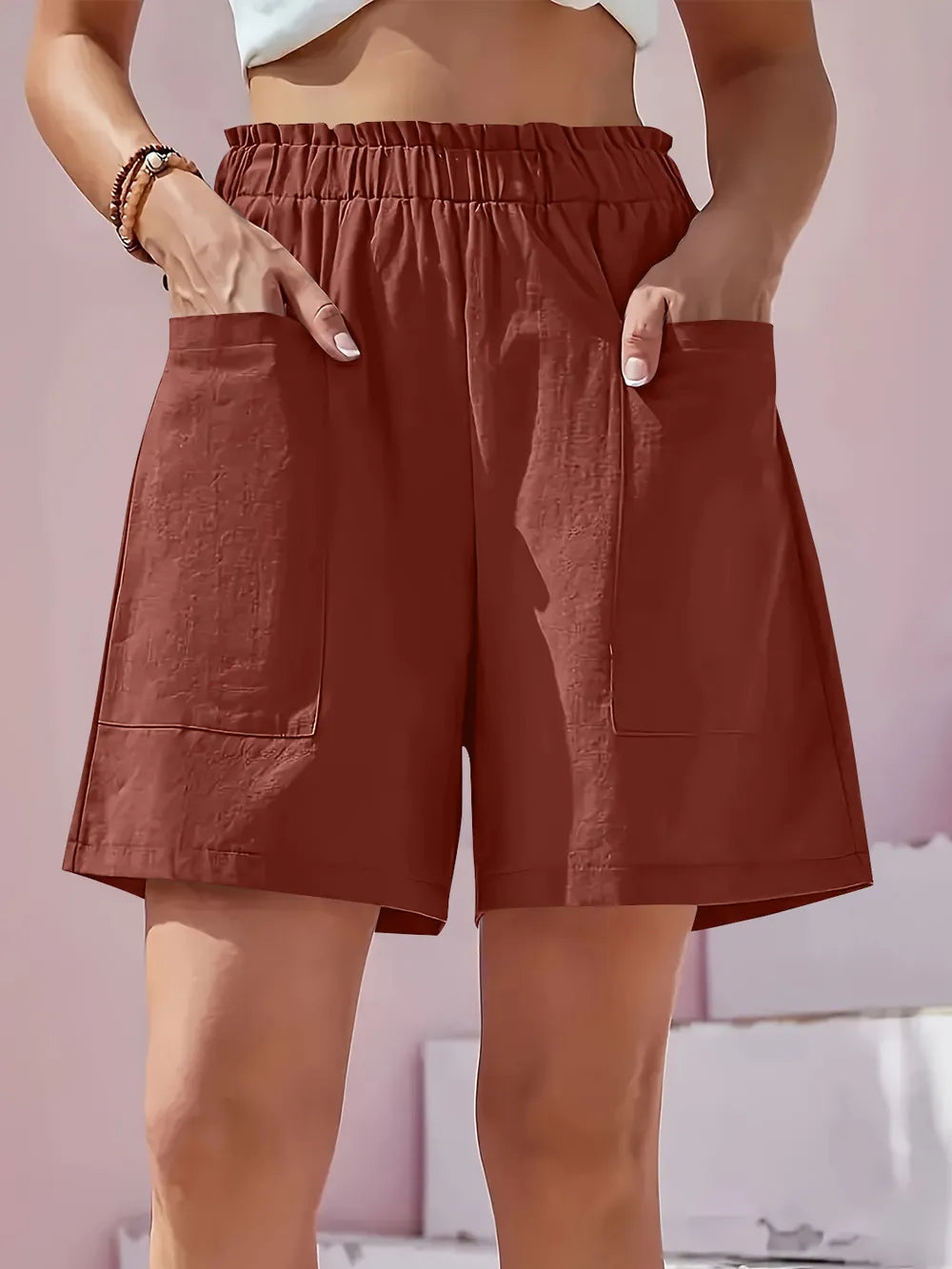 Full Size Pocketed Elastic Waist Shorts (8)