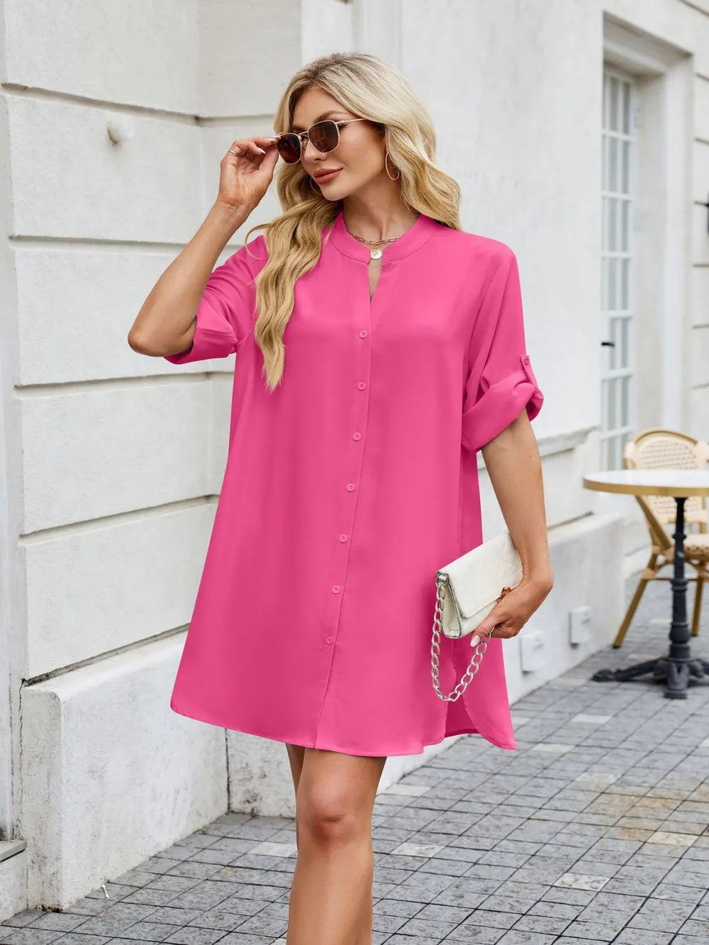 Notched Long Sleeve Mini Shirt Dress (2)
